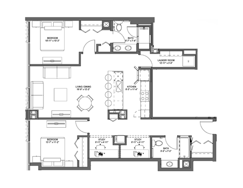Floor plan for 2 beds, 2 baths, 1198 sqft